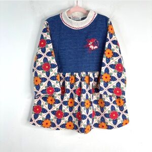 Vintage 90s Health-tex Sweater Dress 4T Embroidered Turtleneck Cottage Patchwork